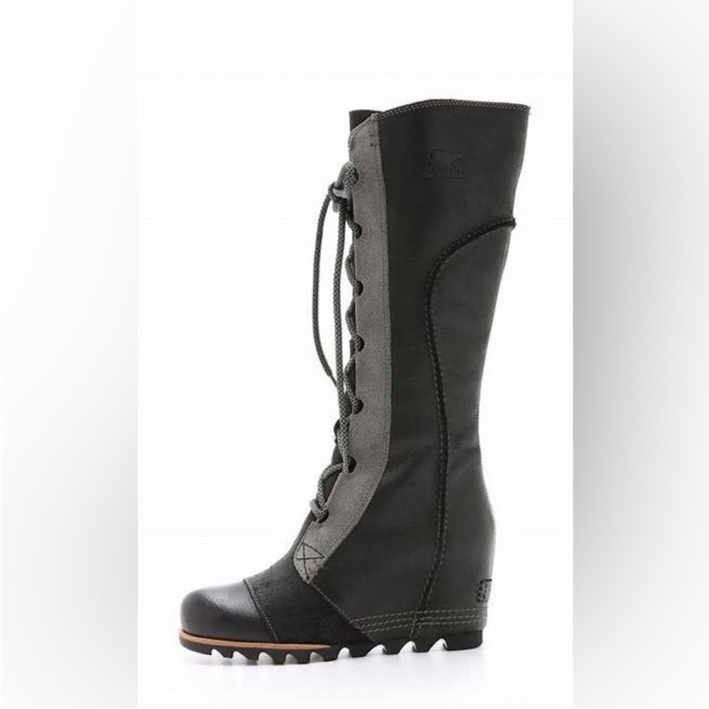 Sorel Cate the Great Wedge Lace Up Moto Rare Black Grey Gray Knee High Boots 9 - Picture 3 of 16